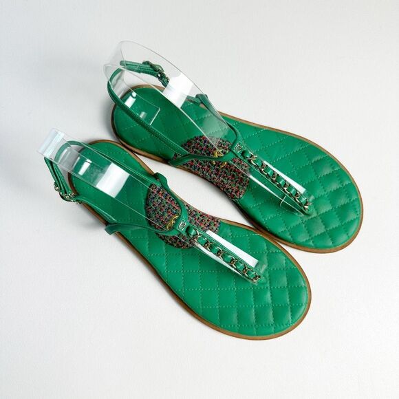 CHANEL Green Quilted Tweed Sandal Size 38.5 US 8 Chain T-strap Interlocking CC - Picture 3 of 11